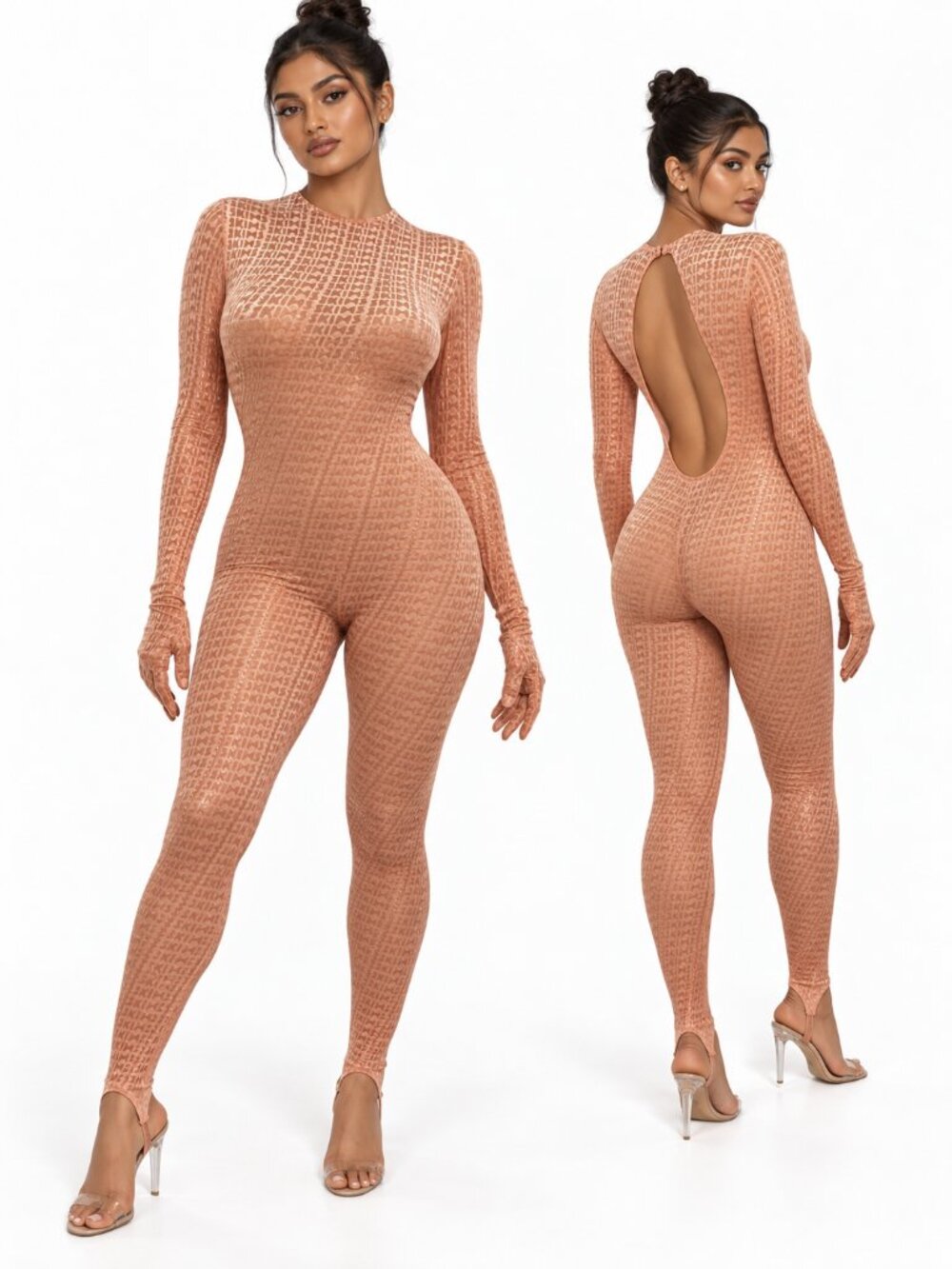SKIMS Velvet Burnout Logo Stirrup Catsuit Size M Peach Jumpsuit Onesie